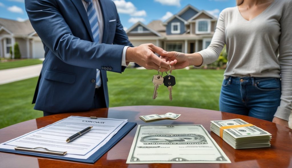 A real estate agent handing house keys to a smiling couple outside a modern home with a contract and money on a table nearby.