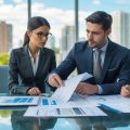 A group of professionals in an office reviewing property documents with one person appearing deceptive while others look concerned.