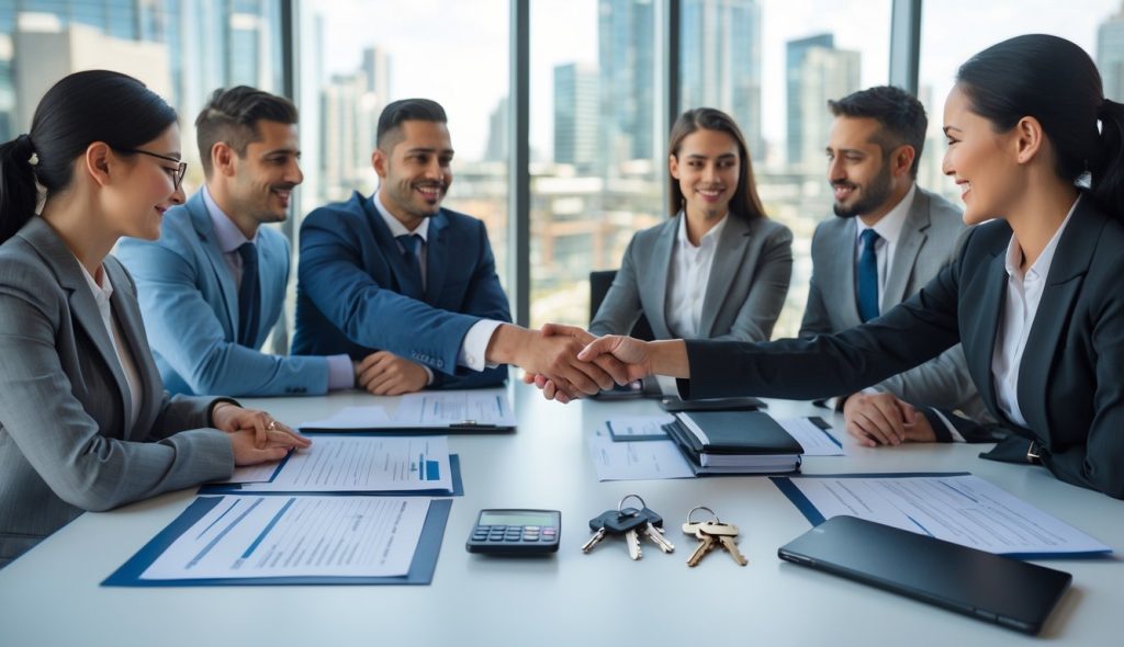 Business professionals sitting around a conference table reviewing real estate documents and exchanging a pen during a meeting.