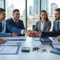 Business professionals sitting around a conference table reviewing real estate documents and exchanging a pen during a meeting.