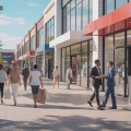 A busy shopping center with people walking and storefronts open, showing signs of retail commercial real estate recovery.