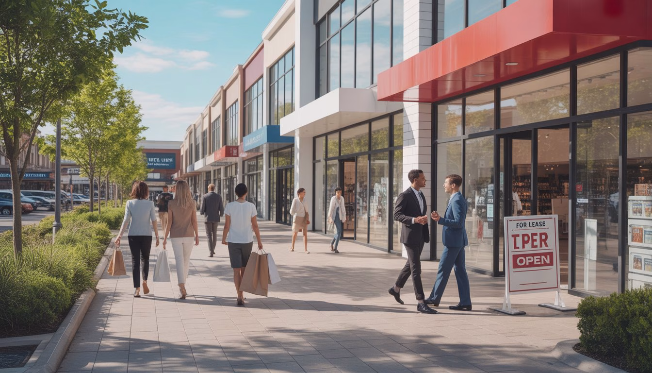 A busy shopping center with people walking and storefronts open, showing signs of retail commercial real estate recovery.