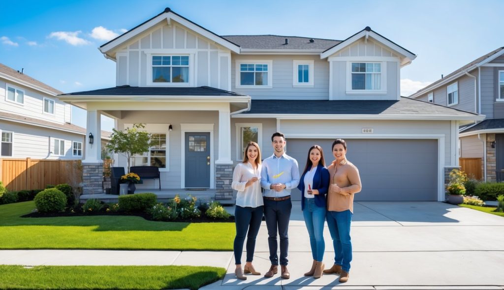 A single-family rental home with a manicured lawn and a smiling couple holding keys in front of the house.