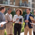 A diverse group of landlords and tenants talking respectfully outside a residential building in a sunny neighborhood.