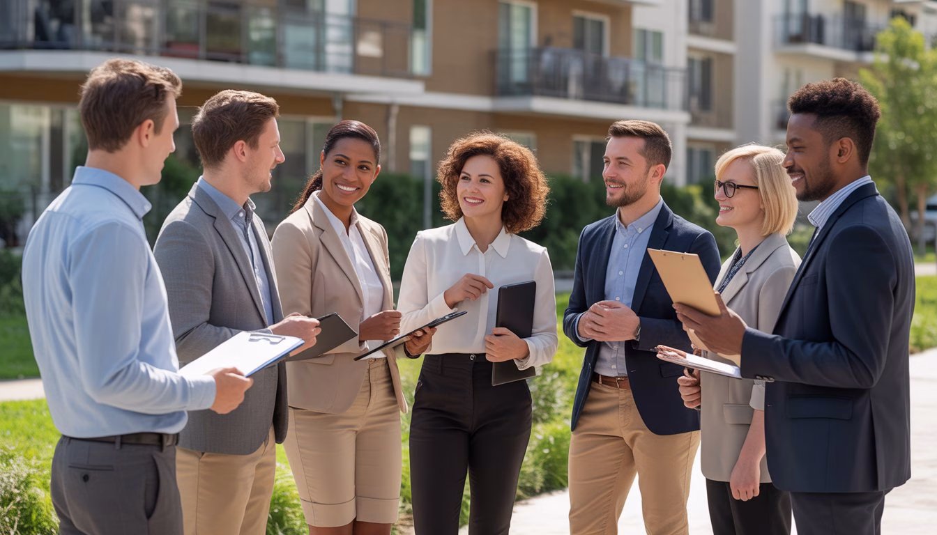 A diverse group of landlords and tenants talking respectfully outside a residential building in a sunny neighborhood.