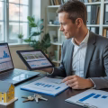 A person reviewing property documents and financial charts in an office with a laptop, tablet, and a small house model on the desk.