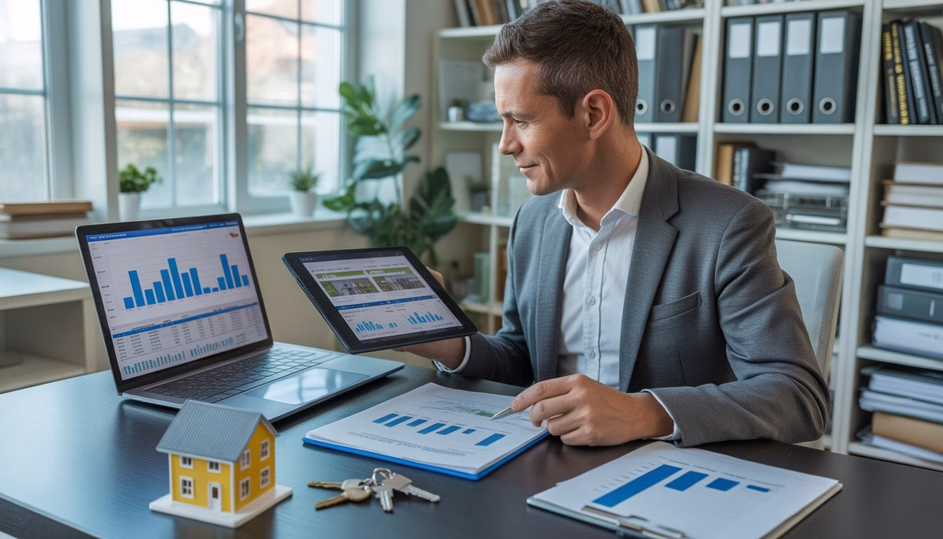 A person reviewing property documents and financial charts in an office with a laptop, tablet, and a small house model on the desk.