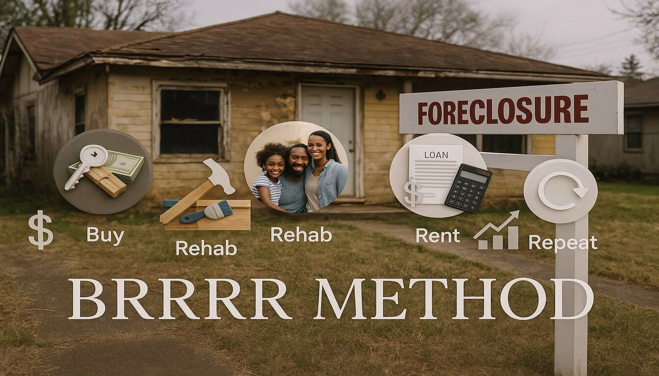 Image of a distressed foreclosure property with FORECLOSURE sign, featuring BRRRR method investment strategy elements including buy, rehab, rent, refinance, and repeat symbols with happy tenant family and financial documents.