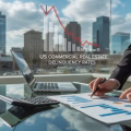 A businessperson reviewing financial documents at a glass table with a city skyline of commercial buildings in the background.