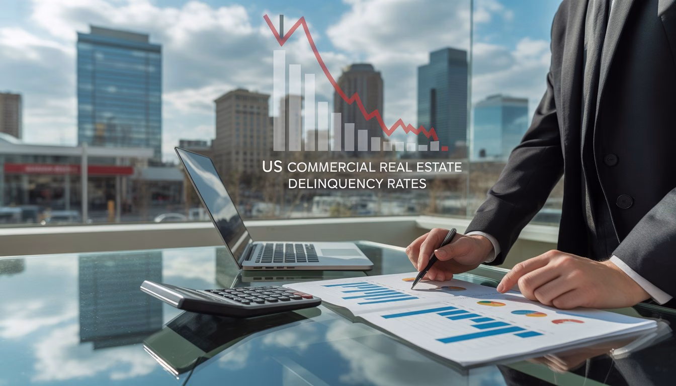 A businessperson reviewing financial documents at a glass table with a city skyline of commercial buildings in the background.