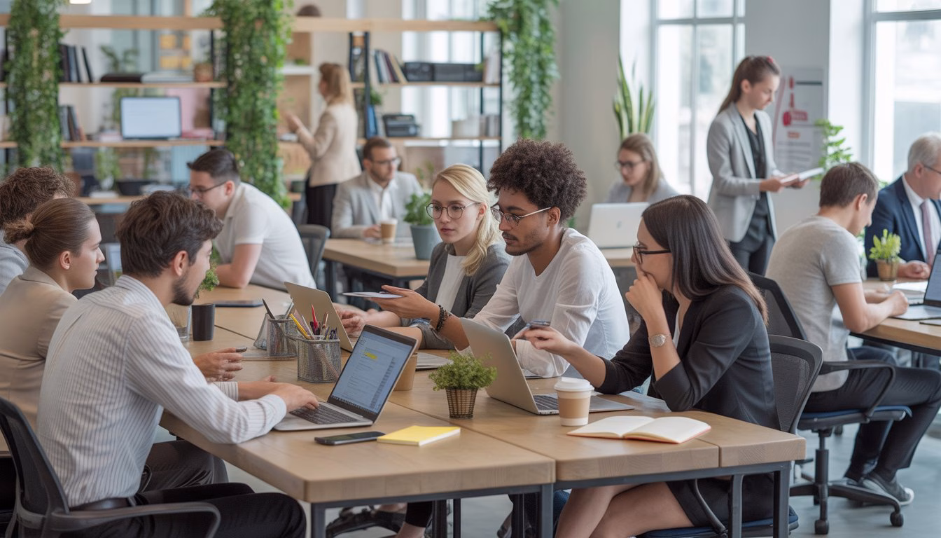 A modern co-working space with people working together at desks and using laptops in a bright room with large windows and plants.