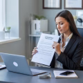 A female loan officer in her office holding and reviewing a real estate estoppel certificate document on a desk with a laptop and office items.