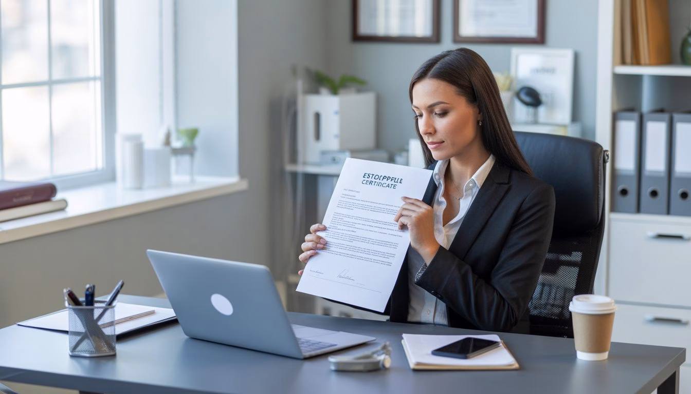 A female loan officer in her office holding and reviewing a real estate estoppel certificate document on a desk with a laptop and office items.