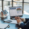 A person reviewing financial documents and foreclosure listings on a laptop at a desk with a model house and calculator.