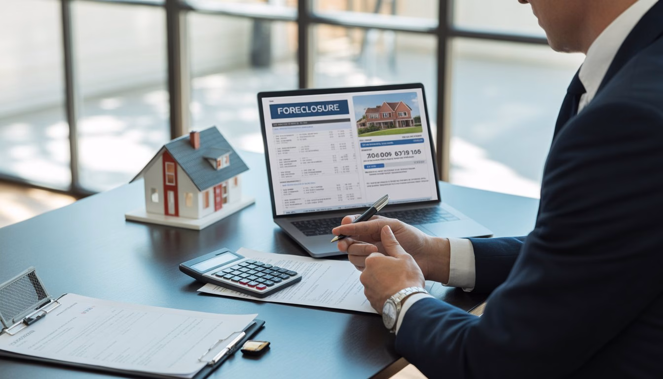 A person reviewing financial documents and foreclosure listings on a laptop at a desk with a model house and calculator.