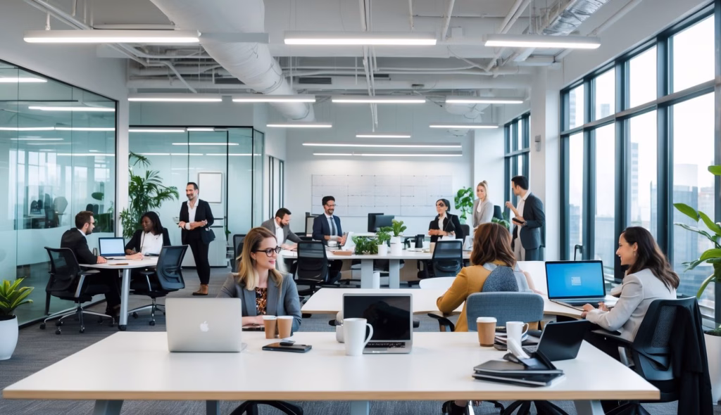 A modern open office space with people working and collaborating at desks and tables in a bright, well-lit environment.