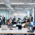 A modern open office space with people working and collaborating at desks and tables in a bright, well-lit environment.