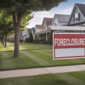 A suburban house with a foreclosure sign in the front yard on a quiet street with trees and neighboring houses.