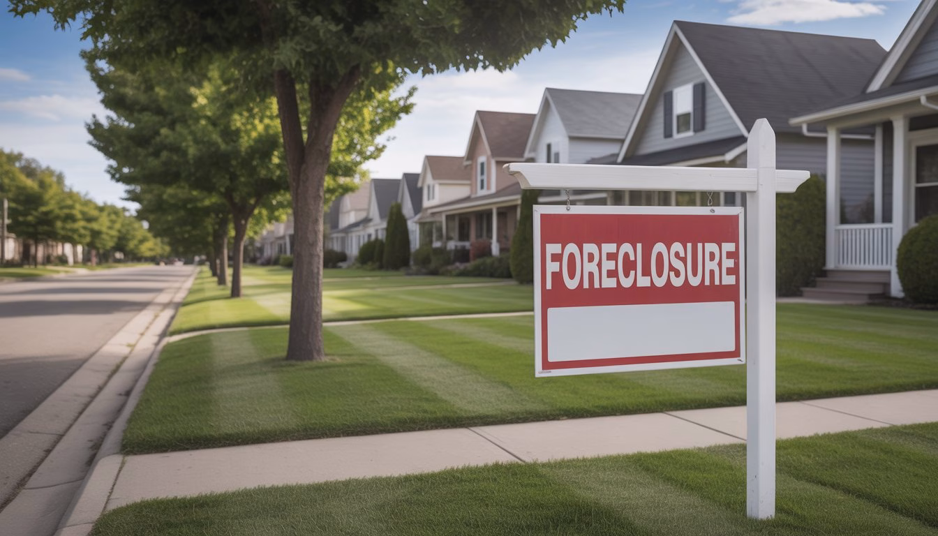 A suburban house with a foreclosure sign in the front yard on a quiet street with trees and neighboring houses.