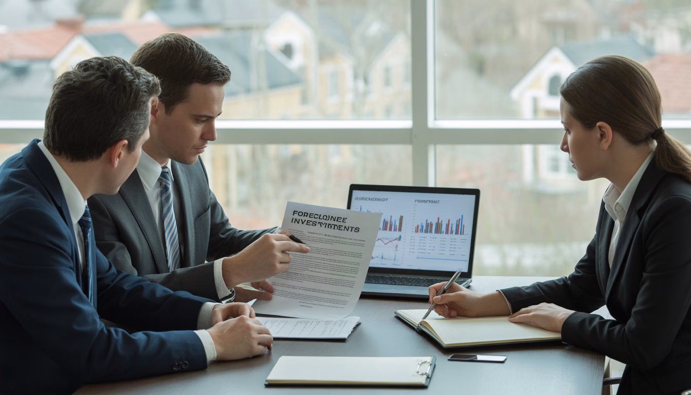Three business professionals reviewing legal documents and property reports around a conference table in an office.