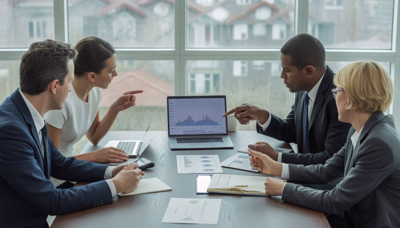 Business professionals in a meeting room reviewing financial documents and charts related to real estate investment and tax planning.