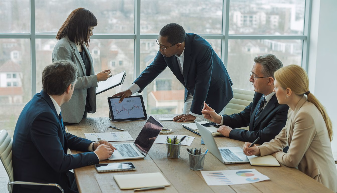 A group of investors analyzing real estate market data around a conference table with laptops and charts.