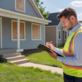 A real estate inspector examining the exterior of a neglected house during a foreclosure property inspection.