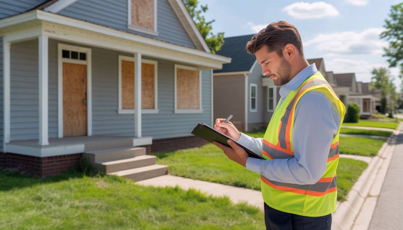 A real estate inspector examining the exterior of a neglected house during a foreclosure property inspection.