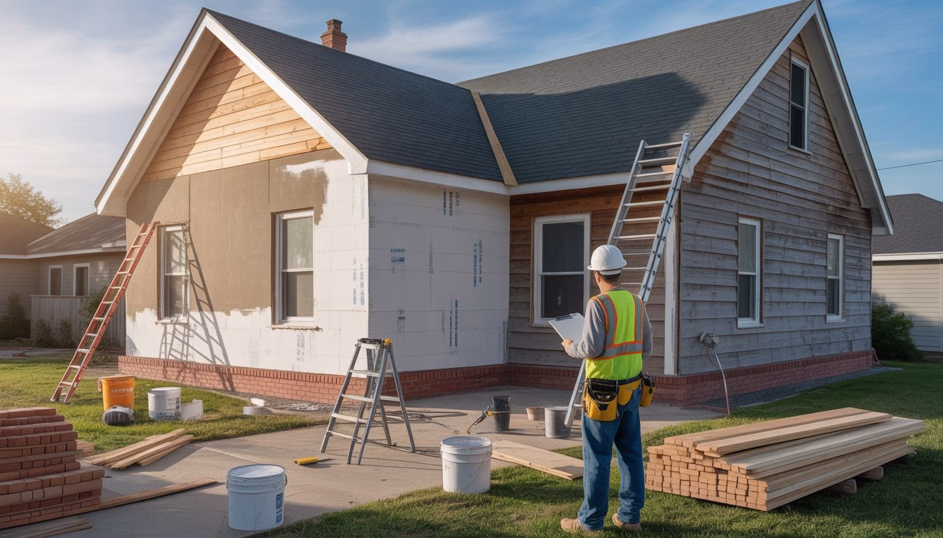 A worker inspects a partially renovated house with construction tools and building materials around the property.