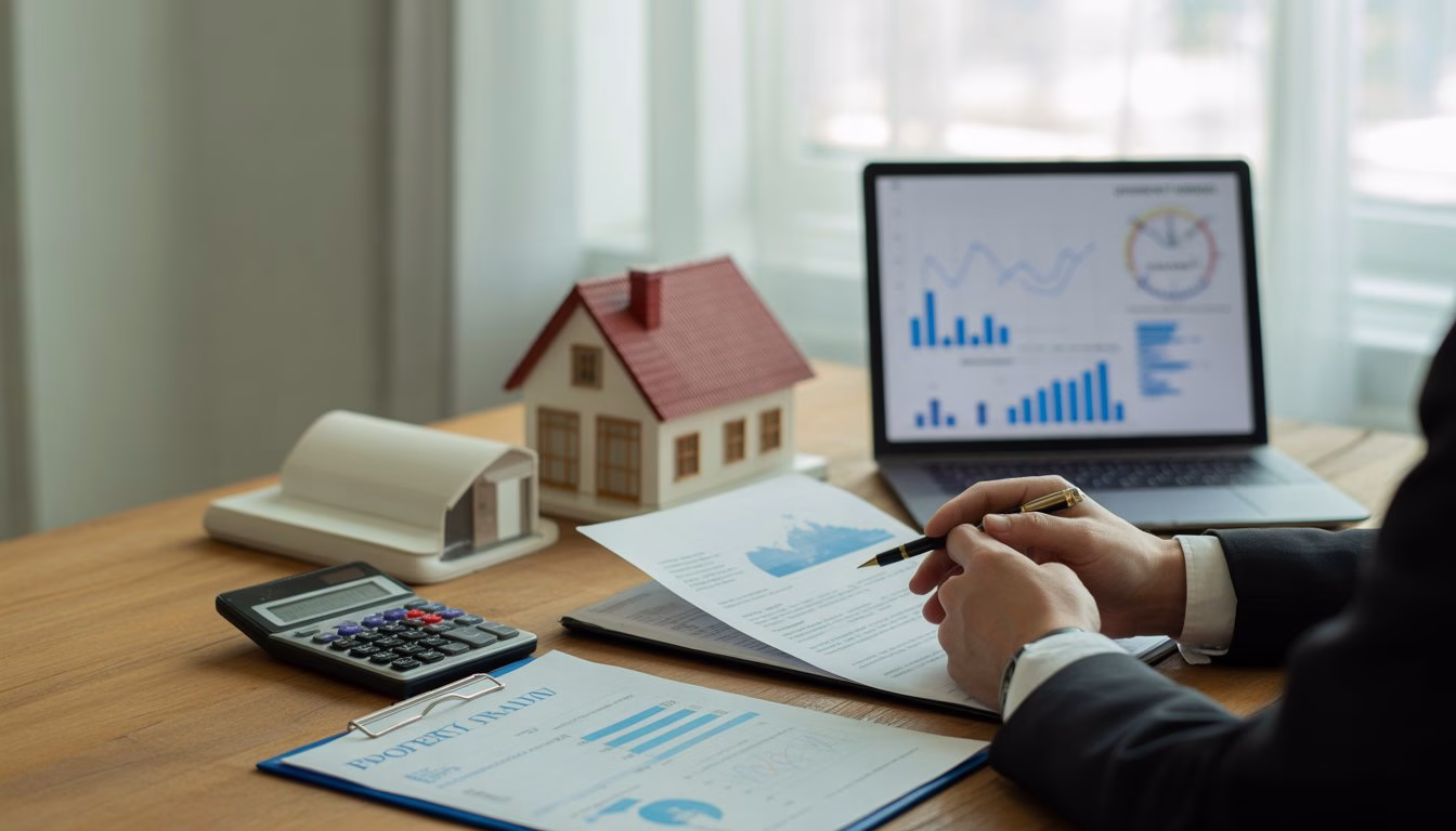Person reviewing financial documents and calculator on a desk with a house model nearby.