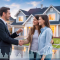 A real estate agent shaking hands with a couple in front of their new house in a suburban neighborhood.