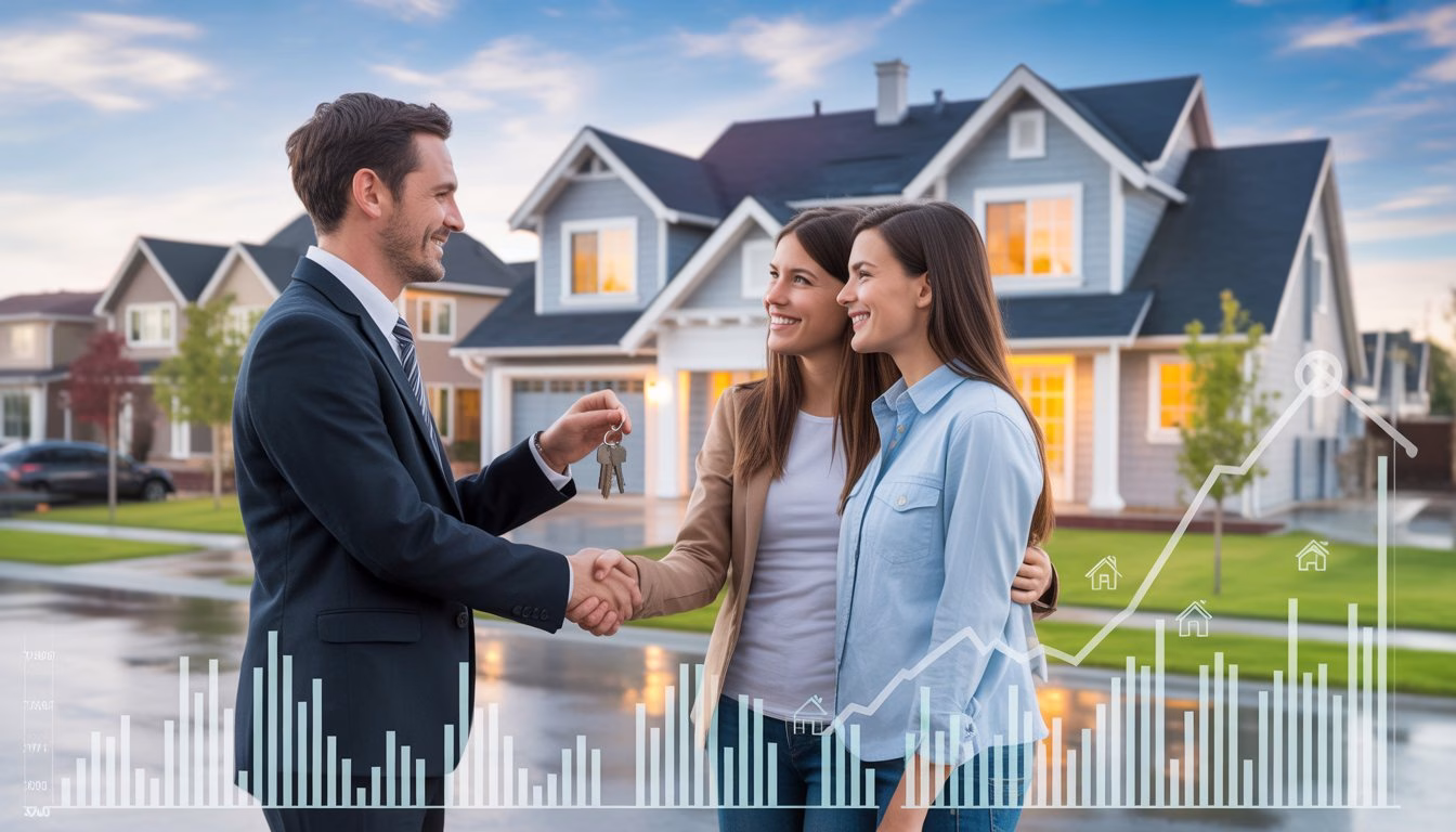 A real estate agent shaking hands with a couple in front of their new house in a suburban neighborhood.