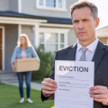 A landlord handing an eviction notice to a concerned tenant standing outside a suburban house during the day.
