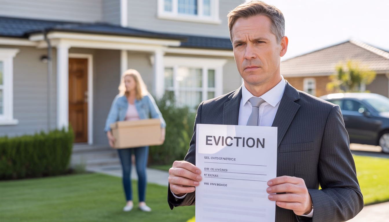 A landlord handing an eviction notice to a concerned tenant standing outside a suburban house during the day.