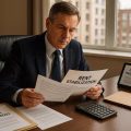 Professional landlord in business suit reviewing rent stabilization documents at office desk with calculator, rental agreements, and tablet displaying housing regulations, with apartment buildings visible through window