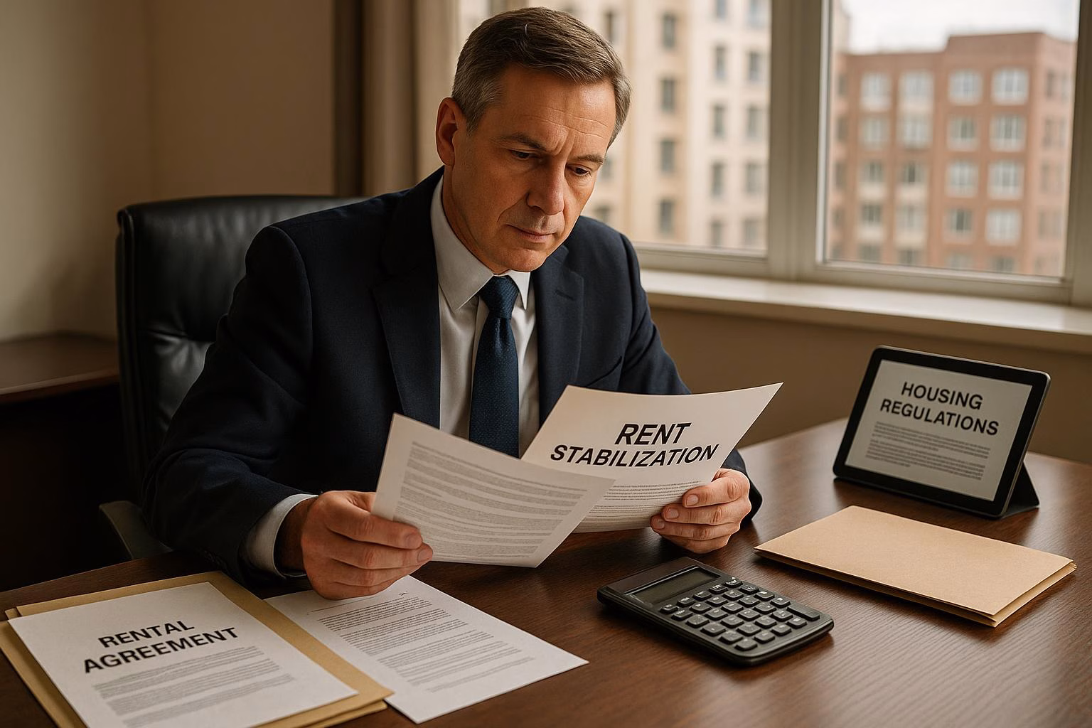 Professional landlord in business suit reviewing rent stabilization documents at office desk with calculator, rental agreements, and tablet displaying housing regulations, with apartment buildings visible through window