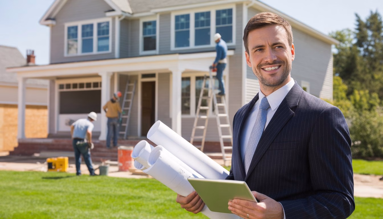 A real estate investor holding blueprints and a tablet stands outside a partially renovated house with construction workers actively working in the background.
