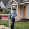 A person in business casual clothes inspecting a foreclosed house in a suburban neighborhood.
