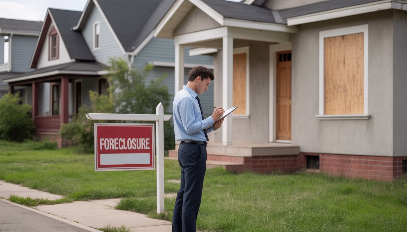 A person in business casual clothes inspecting a foreclosed house in a suburban neighborhood.