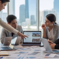A group of young adults in an office discussing commercial real estate documents and charts with a city skyline visible through large windows.
