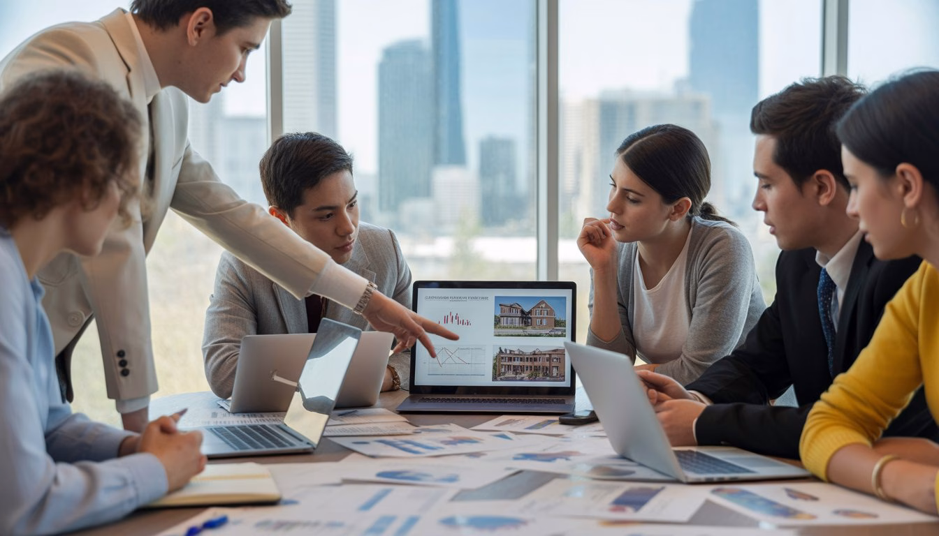 A group of young adults in an office discussing commercial real estate documents and charts with a city skyline visible through large windows.