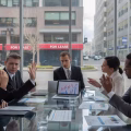 Business professionals discussing financial documents in a conference room overlooking commercial office buildings, some with vacancy signs.