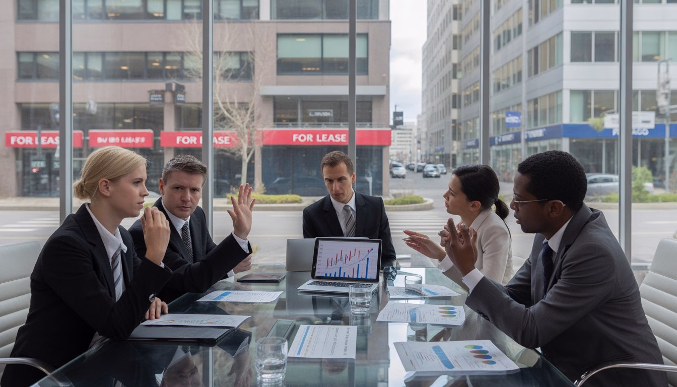 Business professionals discussing financial documents in a conference room overlooking commercial office buildings, some with vacancy signs.