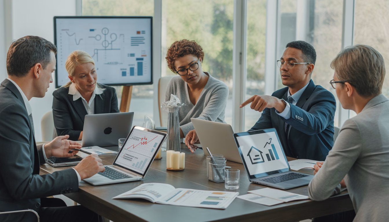 A group of people in an office discussing real estate investment strategies around a table with laptops and documents.