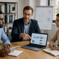 Three people in an office discussing real estate investment with a laptop, notes, and charts on a table.