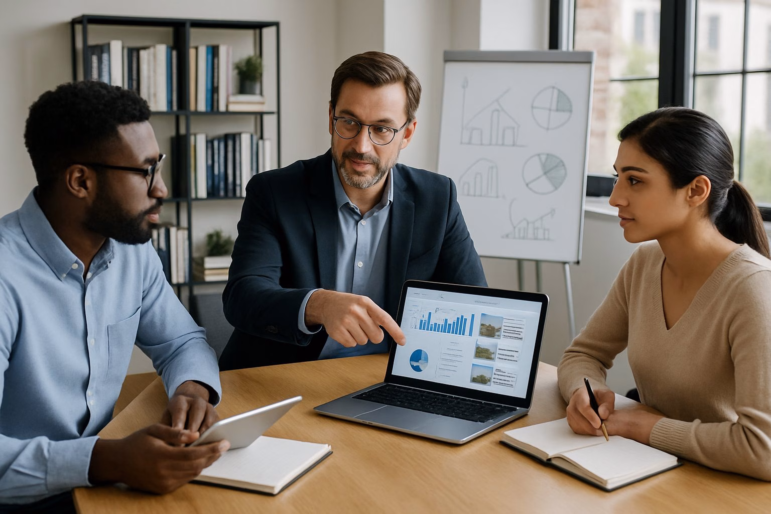 Three people in an office discussing real estate investment with a laptop, notes, and charts on a table.