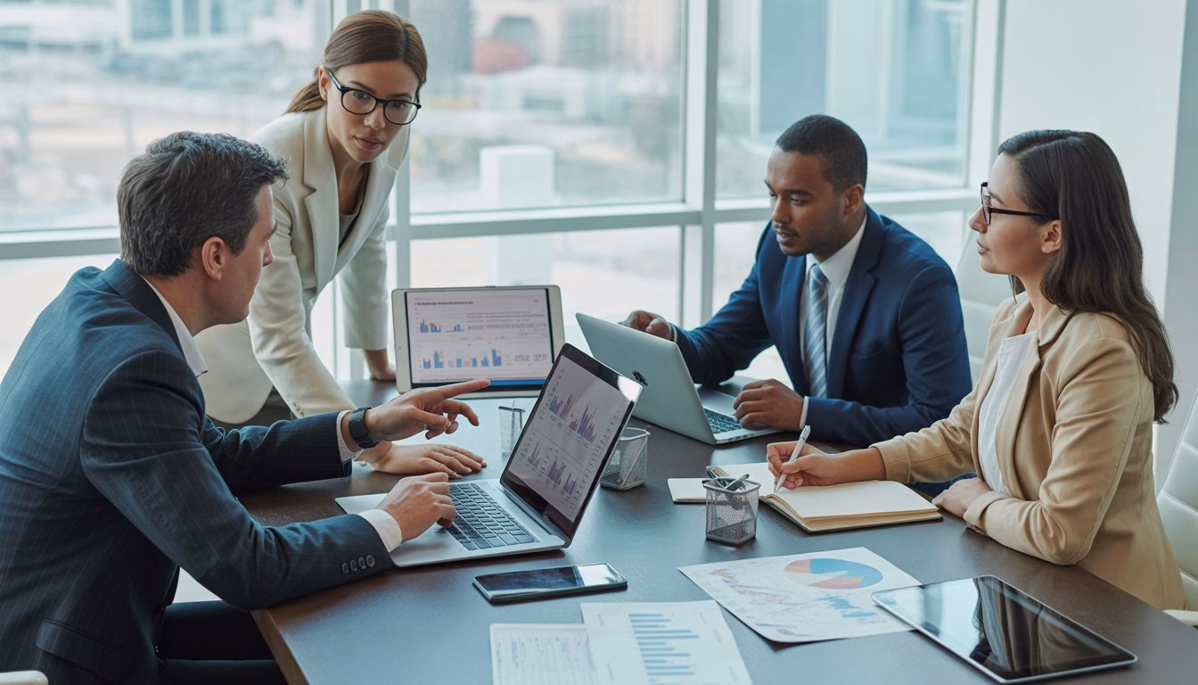 Four professionals in a business meeting discussing real estate investment around a conference table with laptops and documents.