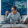 A businessperson at a desk reviewing financial documents and digital charts related to real estate and foreclosures in a bright office.