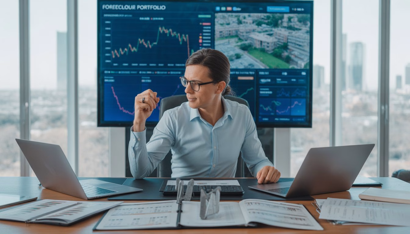 A businessperson at a desk reviewing financial documents and digital charts related to real estate and foreclosures in a bright office.
