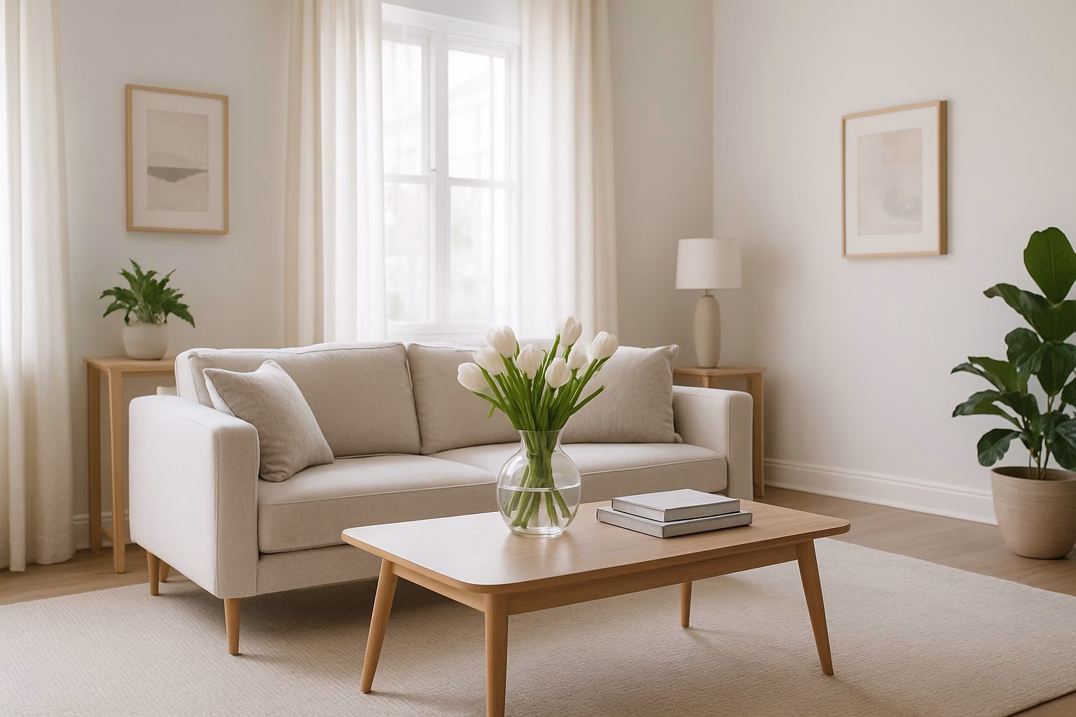 A bright and clean living room with modern furniture and natural light, staged to showcase a home for sale.